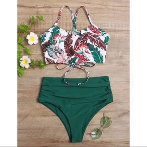 Tropical Ruched High Waisted Bikini Swimsuit